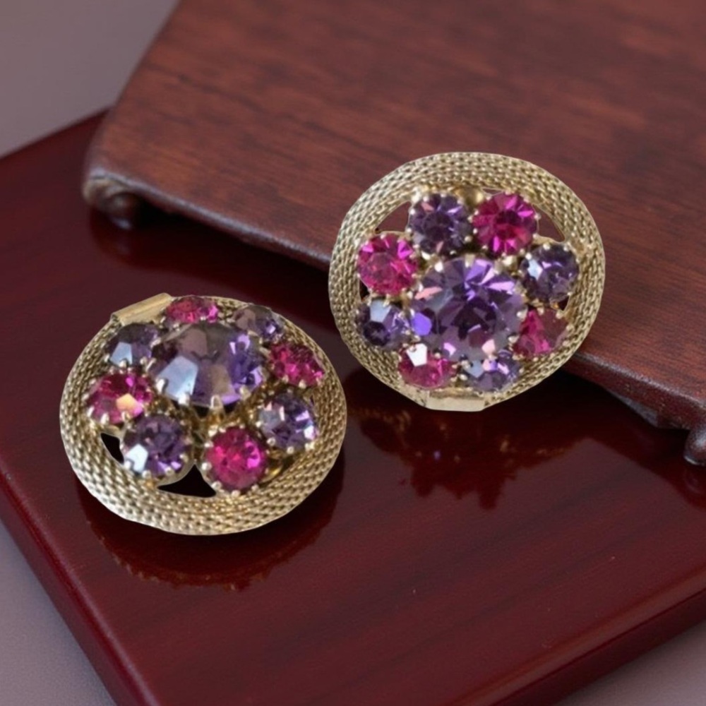 Weiss Mesh Purple Pink Rhinestone Bracelet  & Earrings, 1950s Vintage Jewelry - Picture 7 of 12